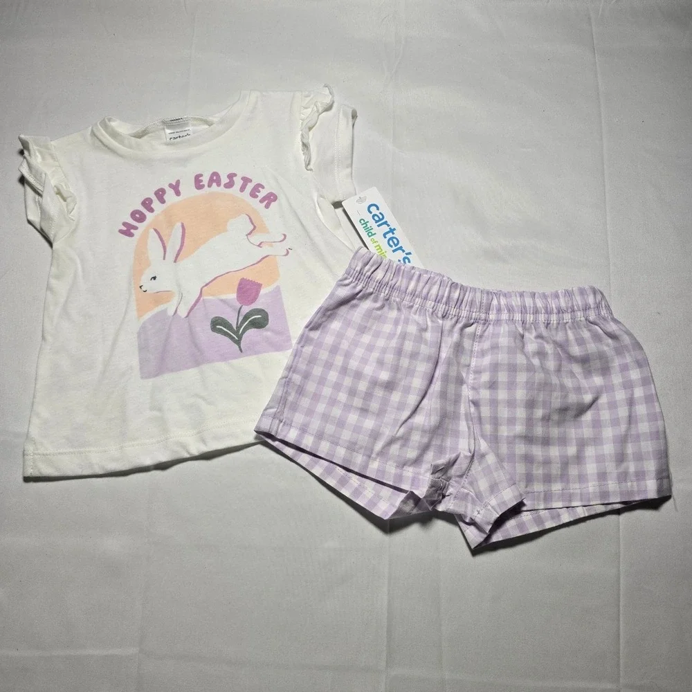 Carters Baby Girls 3-6m Easter Bunny Shirt Gingham Shorts Set White Purple Nwt